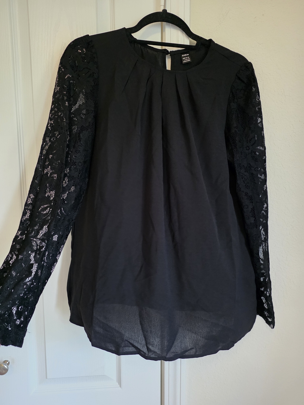 Shein  Black Lace-Sleeve Pleated Blouse